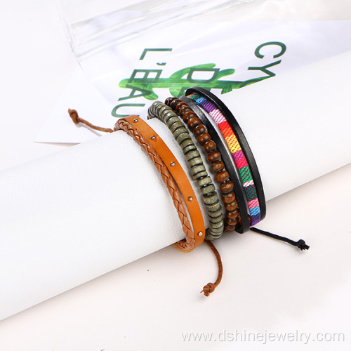 Rainbow Leather Bangle Jewelry Wooden Bead Bracelet For Girl